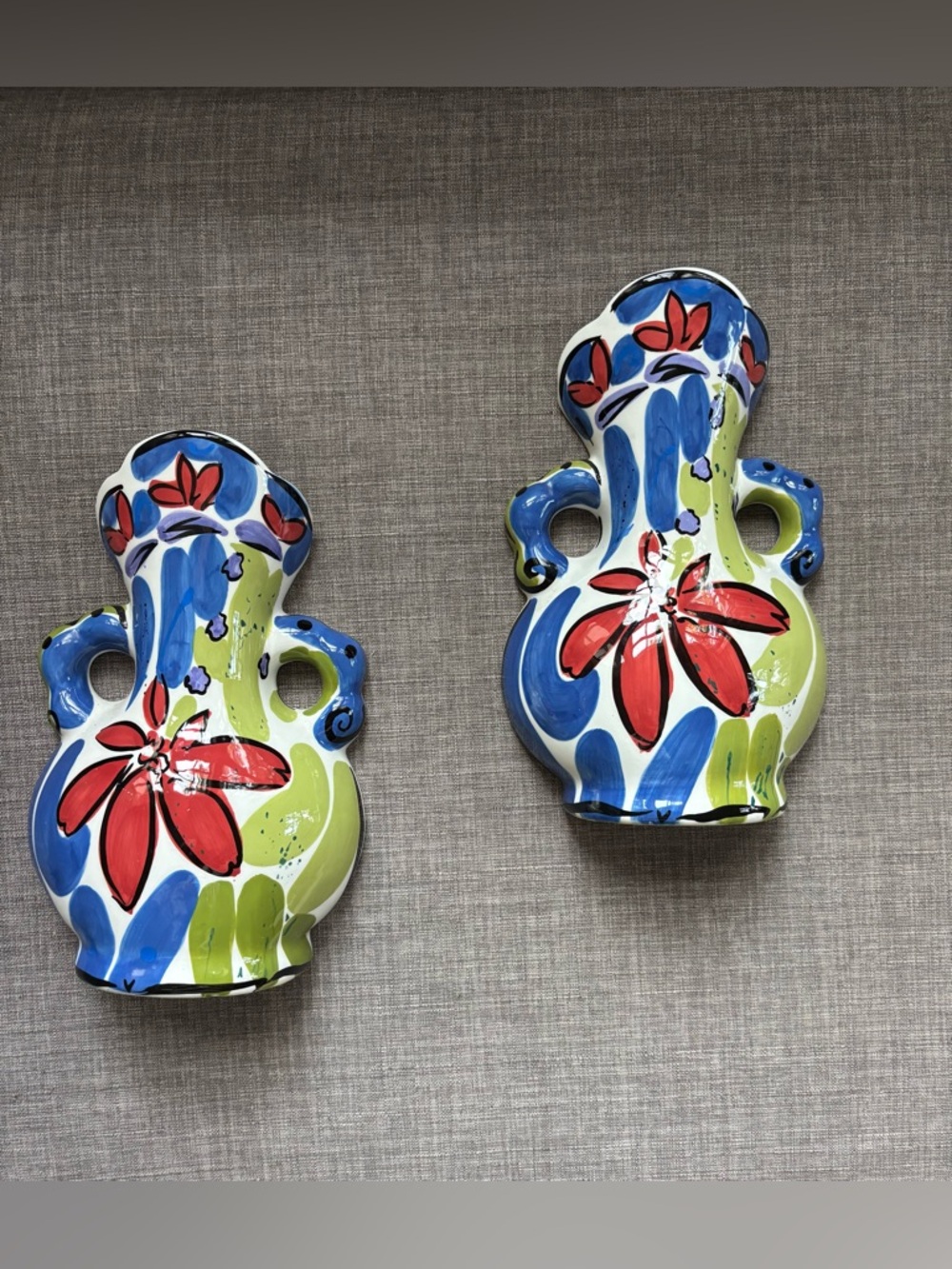 Hand-Painted Floral Ceramic Wall Vases – Red, Blue & Lime Green